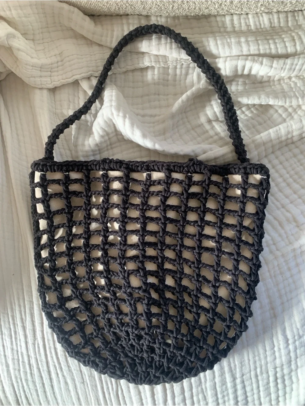 Madewell Black Crochet Tote Bag with Cream Liner